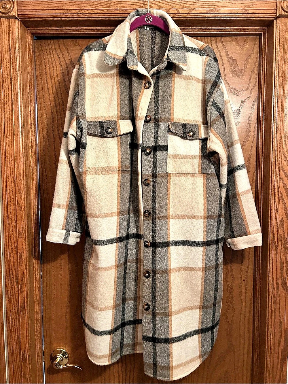 Women's Long Flannel Plaid Jacket Shacket Cozy Lapel Button Down. Size Large